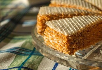 Sliced waffle cake on a tray