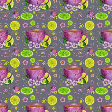 Seamless pattern cup of tea and lemons