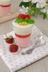 Strawberry yogurt dessert with pistachios