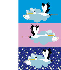 Stork delivering a newborn girl and  boy 