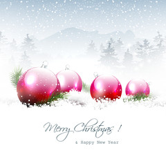 Christmas winter landscape with pink balls and copyspace