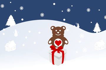 christmas illustration of a bear cub on snow