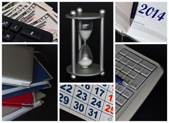 Business collage. Office accessories on a black background.