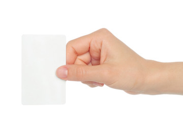 Hand holds business card on white background .