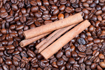 cinnamon bark on roasted coffee beans