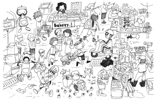 Black and white drawing of busy market cartoon