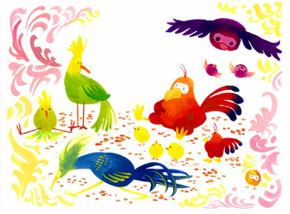 Colourful birds cartoon illustration