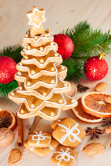 Gingerbread christmas tree.Gingerbread cookies stacked as christ