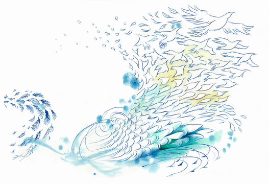 Abstract background wind and water fish and bird