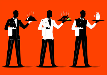 A set of waiter holding a tray with various uniform.