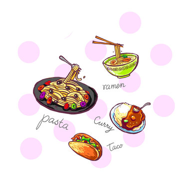 international food icons illustration hand drawn