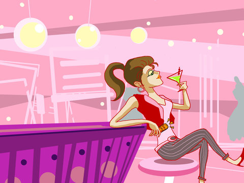 girl drinking cocktail in night club illustration