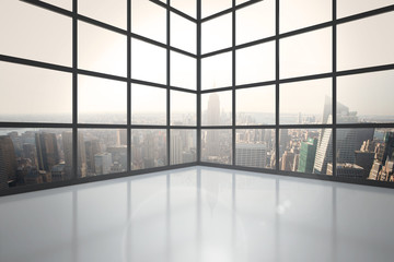 Fototapeta na wymiar Room with large window showing city