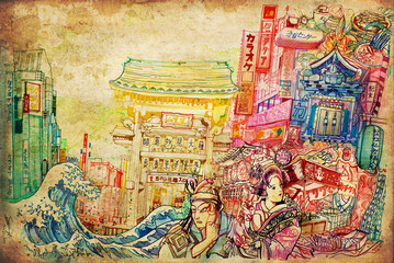 Fototapety  Japan art and culture background collage illustrate