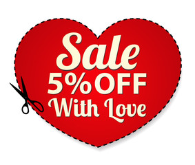 Sale Coupon, label (banner, tag) red template. Heart shape frame