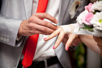 Closeup photo of groom putting wedding ring on brides finger