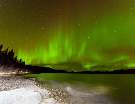 Aurora borealis night sky over Lake Laberge Yukon