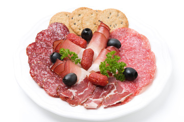 assorted deli meats on a plate, isolated
