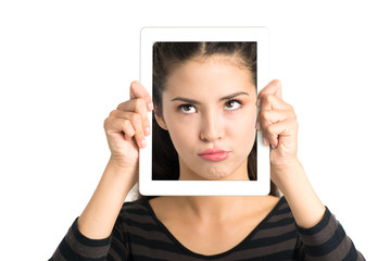 Skeptical face in gadget