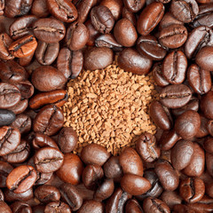 instant coffee and roasted beans close up