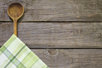 Abstract food background on vintage boards with wooden spoon