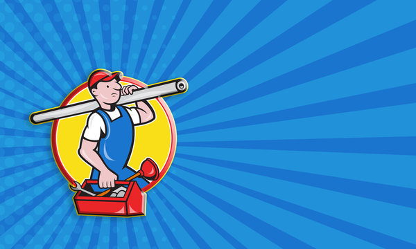 Plumber With Pipe Toolbox Cartoon