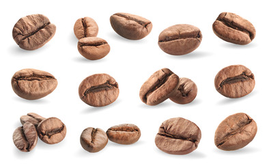 collection of coffee beans isolated on white background