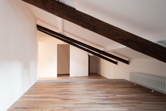 Interior nice loft, wall white, parquet floor