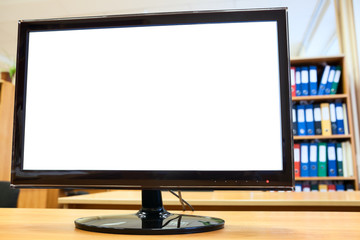 Black monitor with screen isolated on a desk in the office