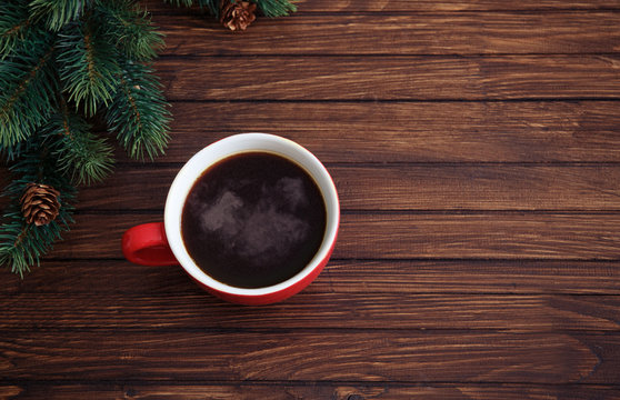 christmas vintage background and cup of coffee