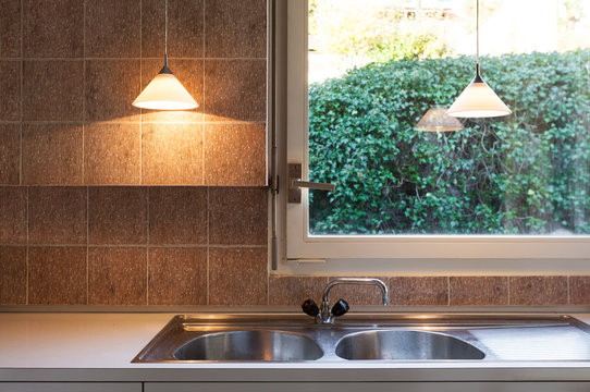 Nice Domestic Kitchen With Window, Detail Counter Top, Sink