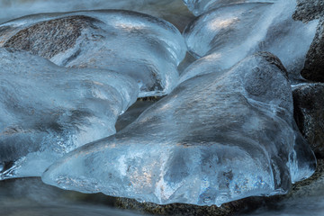 River with icicles in winter
