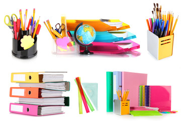 Collage of school and office supplies isolated on white