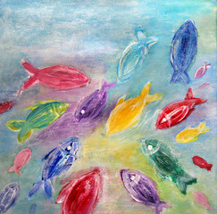 Beautiful painting with vivid multicolored fishes