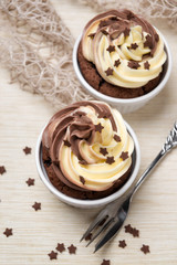 Fototapeta na wymiar Zwei Schoko-Cupcakes mit zweifarbigem Frosting und Zuckersternen