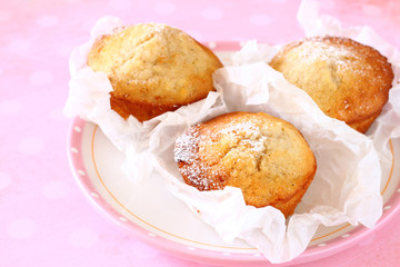 fresh baked healthy homemade muffins on vintage plate