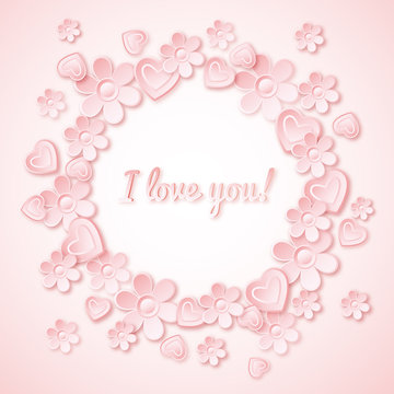 pink background with  valentine heart, flowers and wishes text,
