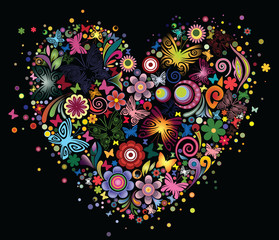Heart of flowers and butterflies on a black background