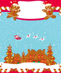 christmas card with a ginger-bread and Santa Claus flying over c