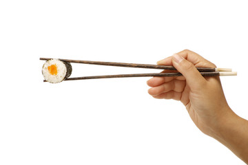 female hand holding sushi sashimi asian food