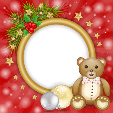 Christmas frame with teddy bear over branches and snowflakes