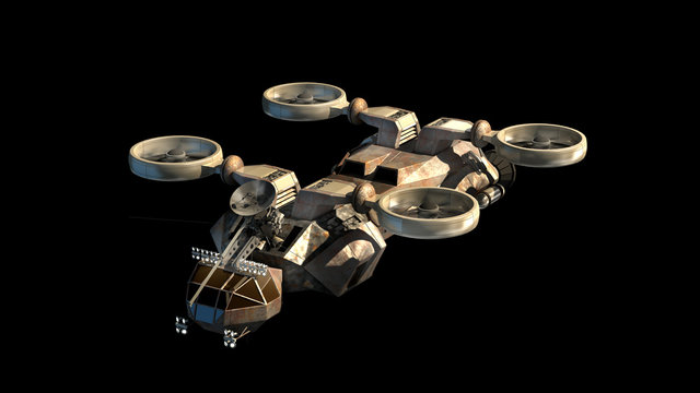 Futuristic military spacecraft with helicopter-like propellers
