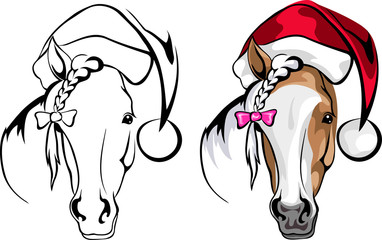 Horse in cap Santa Claus