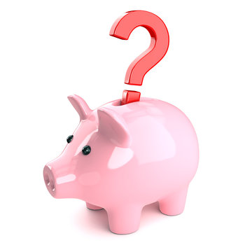 Pink piggy bank with question mark