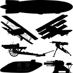 Silhouettes of weapons from World War I (Great War)
