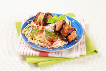 Eggplant wrapped meatballs with spaghetti