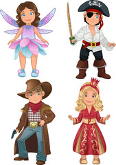 cute teens in costumes of pirate, fairy, cowboy and princess