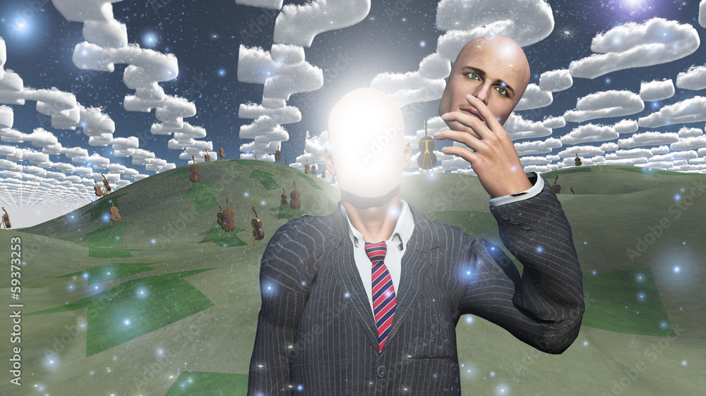 Poster man removes face showing light in landscape with question shape