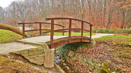 Small wood bridge with railings on the sides for people to walk