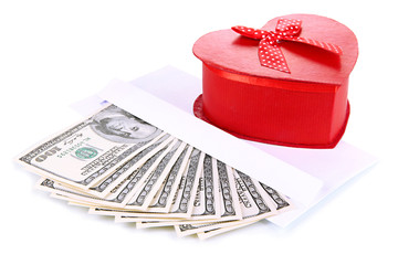 Gift box with money isolated on white